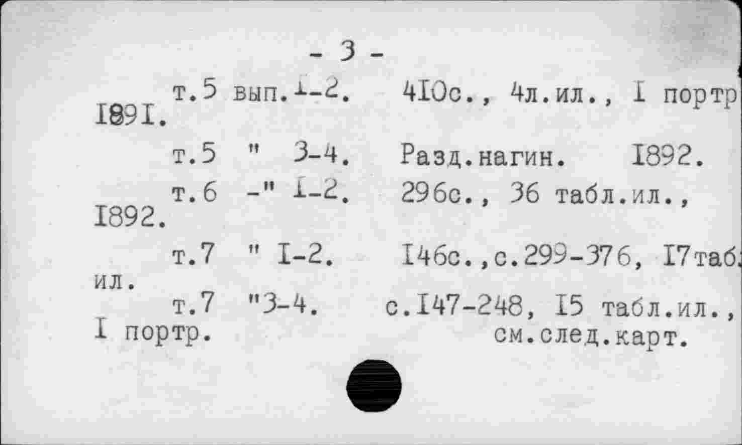 ﻿	т. 5 вып.1-^.	
1891.	т. 5	” 3-4.
1892.	т. б	L-2.
т.7 ил. т.7 I портр.		” 1-2. "3-4.
4Iûc., 4л.ил., I портр
Разд.нагин. 1892. 29бс., 36 табл.ил.,
146с.,с.299-376, 17таб,
с.147-248, 15 табл.ил., см.след.карт.